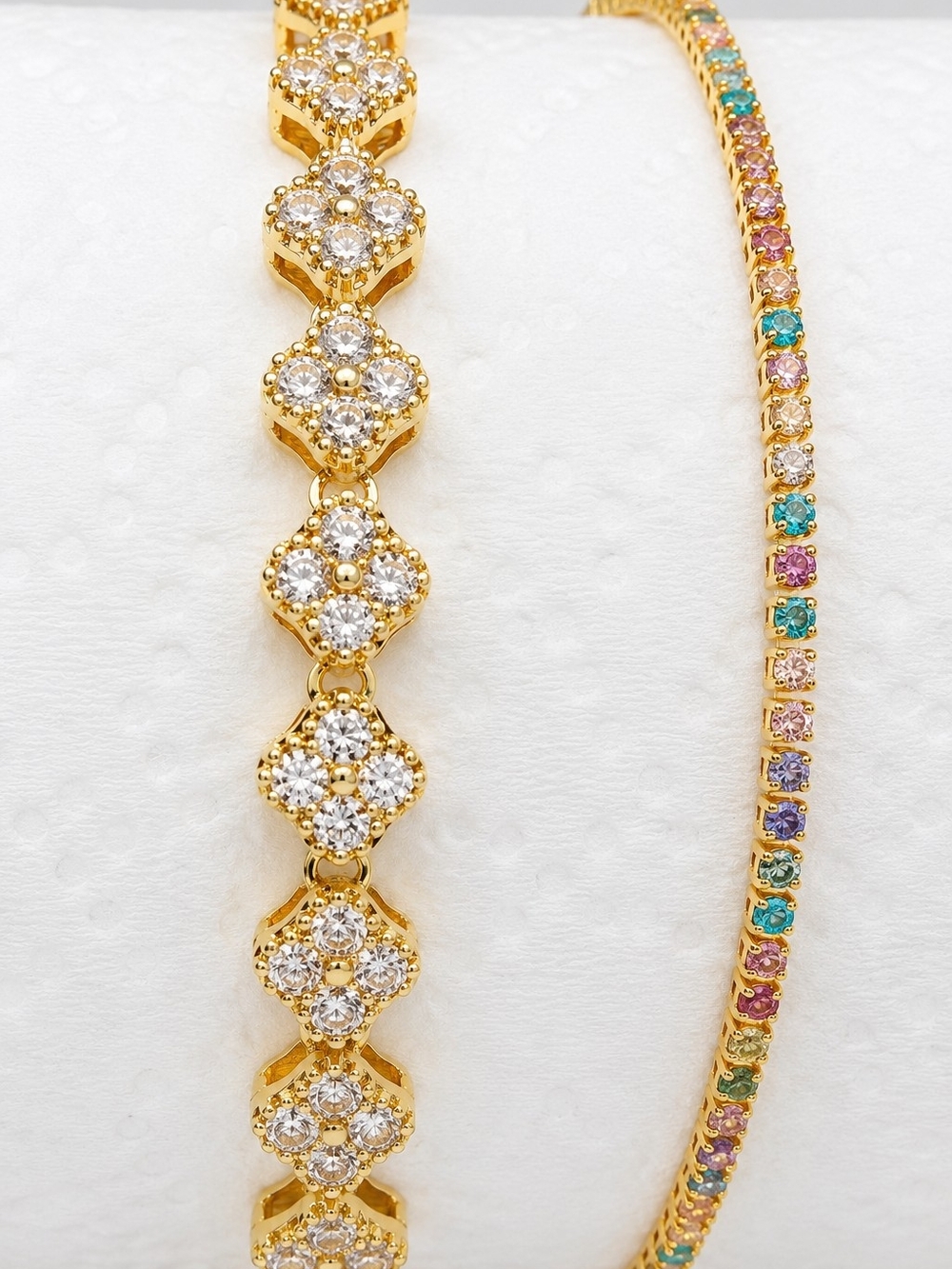 Gold CZ Floral Link Bracelet with Multicolor Gem Tennis Bracelet